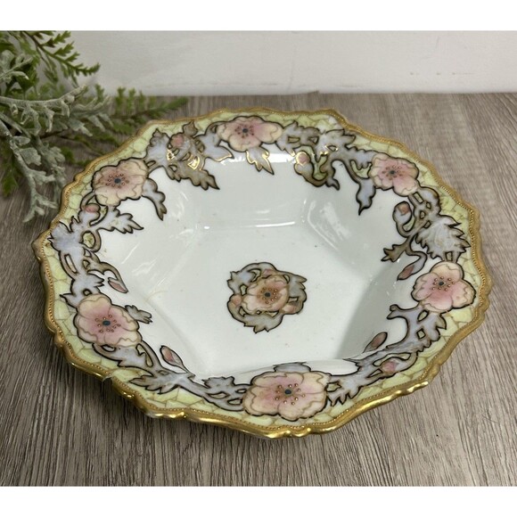 Antique Nippon Morimura Hand Painted Serving Bowl Pink Floral Gold Trim CHIP - Picture 2 of 8